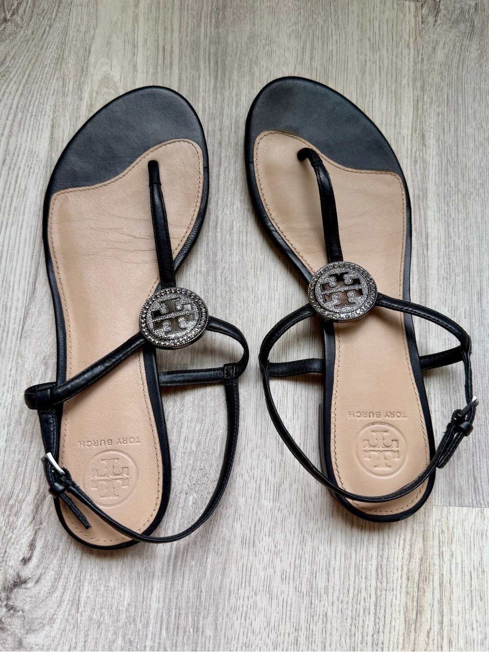 Tory Burch - Black and Nude Crystal Logo - Gladiator type Thong Sandals - size 7